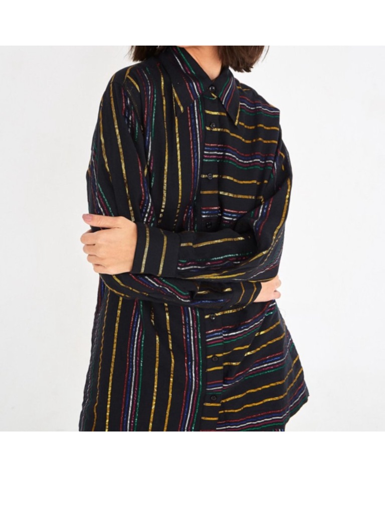 Farm Rio Black Button-Up Shirt With Metallic Lurex Multicolor Stripes